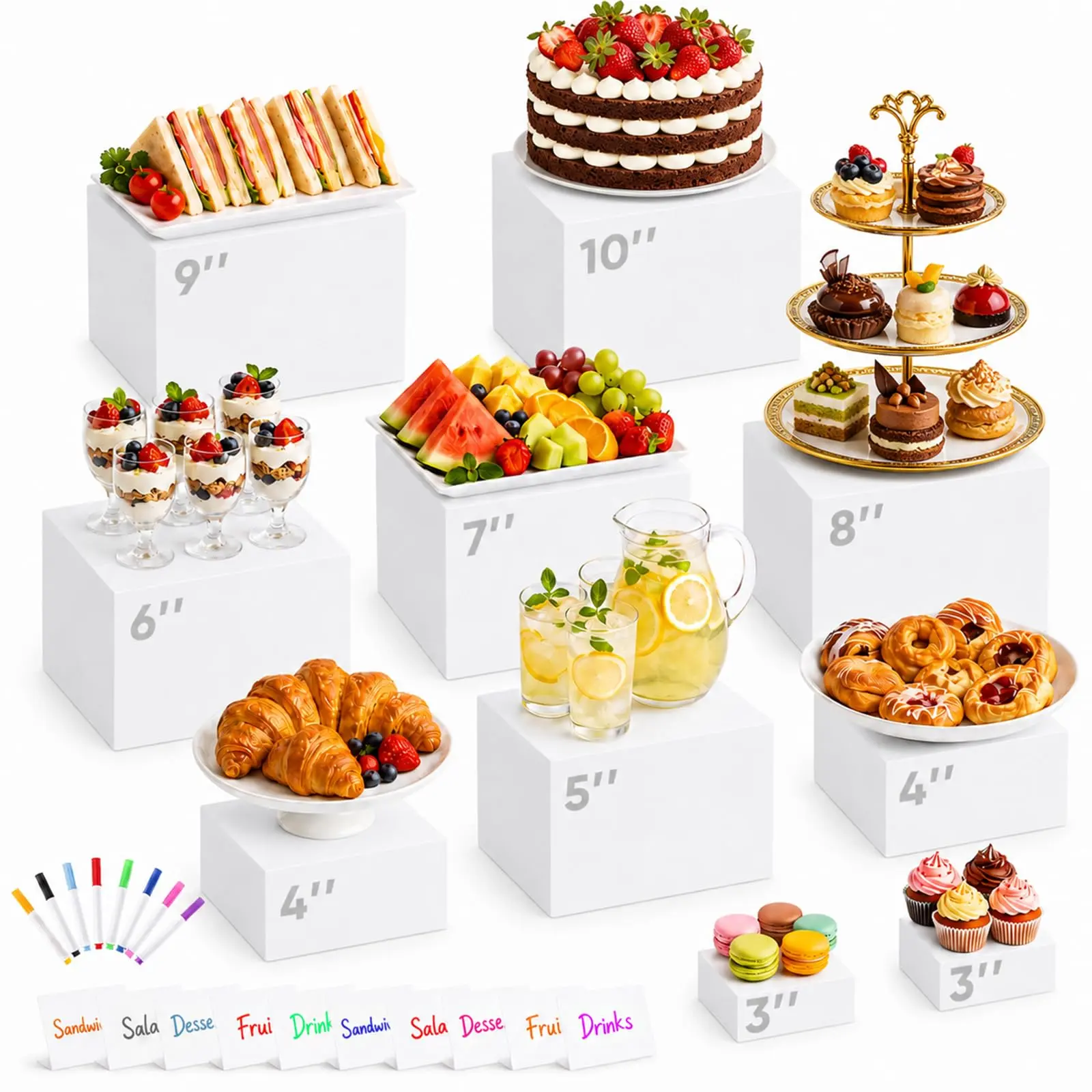10 Pieces Buffet Display Risers for Catering Party Table Decor, Include 10 Signs & 8 Markers, Great for Desserts, Jewelry and Collectibles Display  (10" 9" 8" 7" 6" 5" 4" 4" 3" 3")