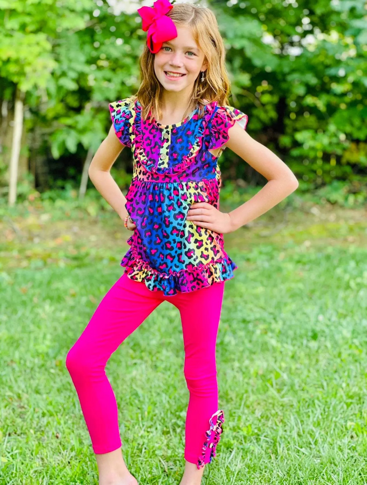 Rainbow Ombre Leopard Frill Leggings Set