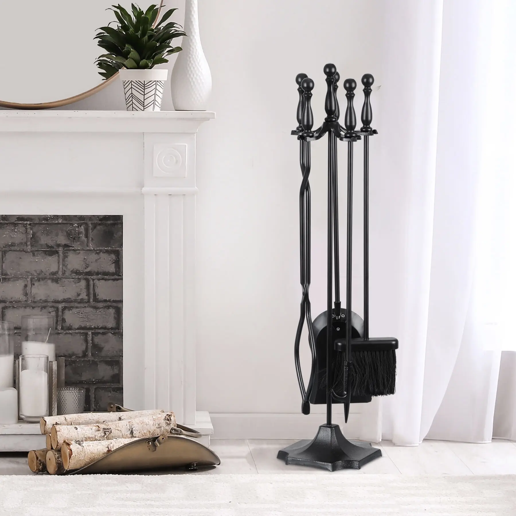 Segawe 5-Piece Wrought Iron Fireplace Tools Kit - Sturdy Metal Frame Stand, Modern Black Indoor Home Stove Accessories,summerwins