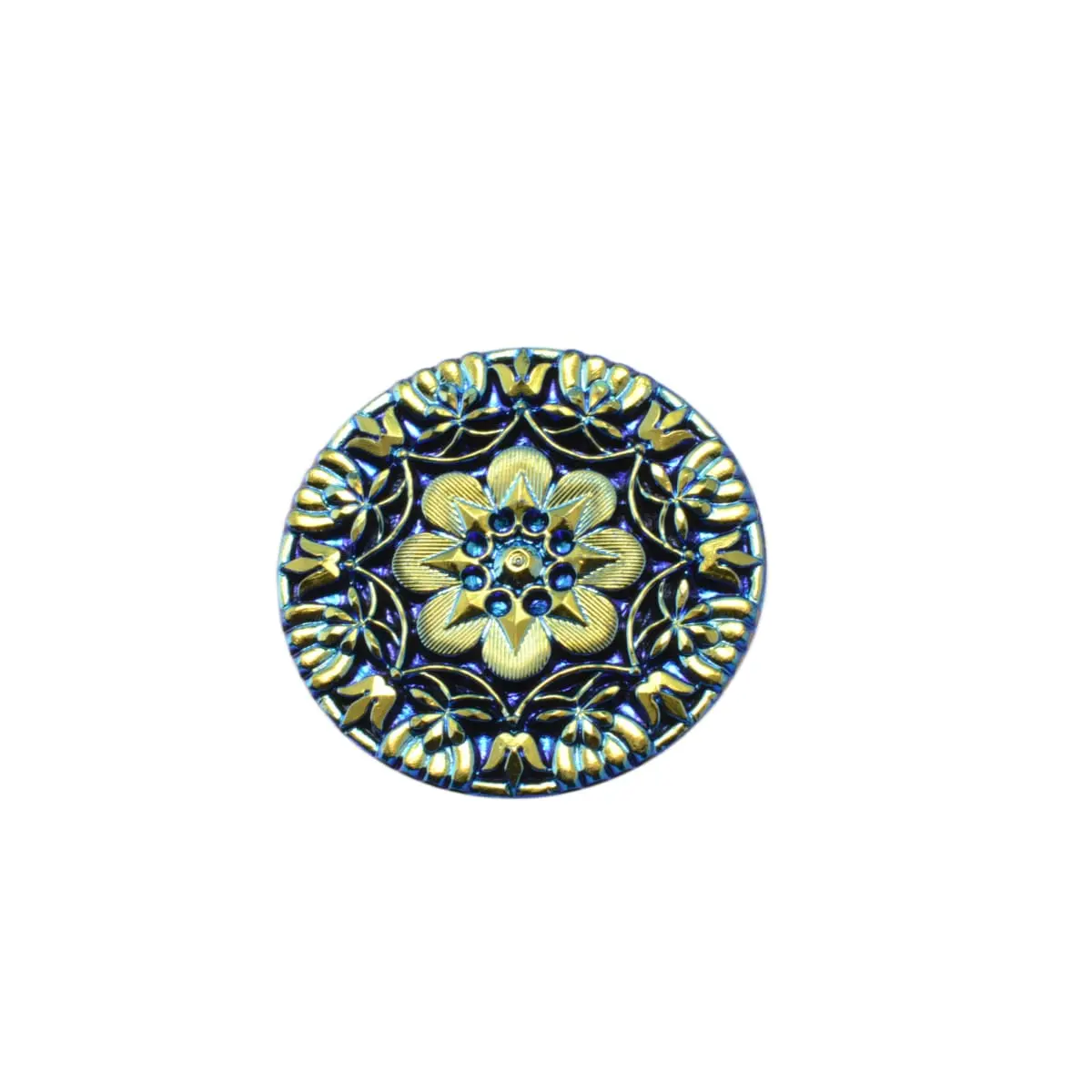Vintage Czech Glass Dragonfly Button 37mm - Blue Gold Iridescent - Victorian Style Floral