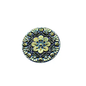 Vintage Czech Glass Dragonfly Button 37mm - Blue Gold Iridescent - Victorian Style Floral