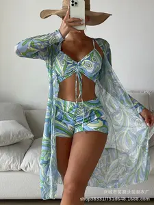 Womens 3 Pieces Bikini Set Swimsuit Tropical Beach Cover up Kimono Swimwear Bathing Suit with Boy Shorts