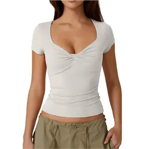 QINSEN Women's Sexy Twist Front V Neck T Shirts Double Lined Short Sleeve Slim Fit Crop Top Trendy Y2K Tops Tee Basic Comfort