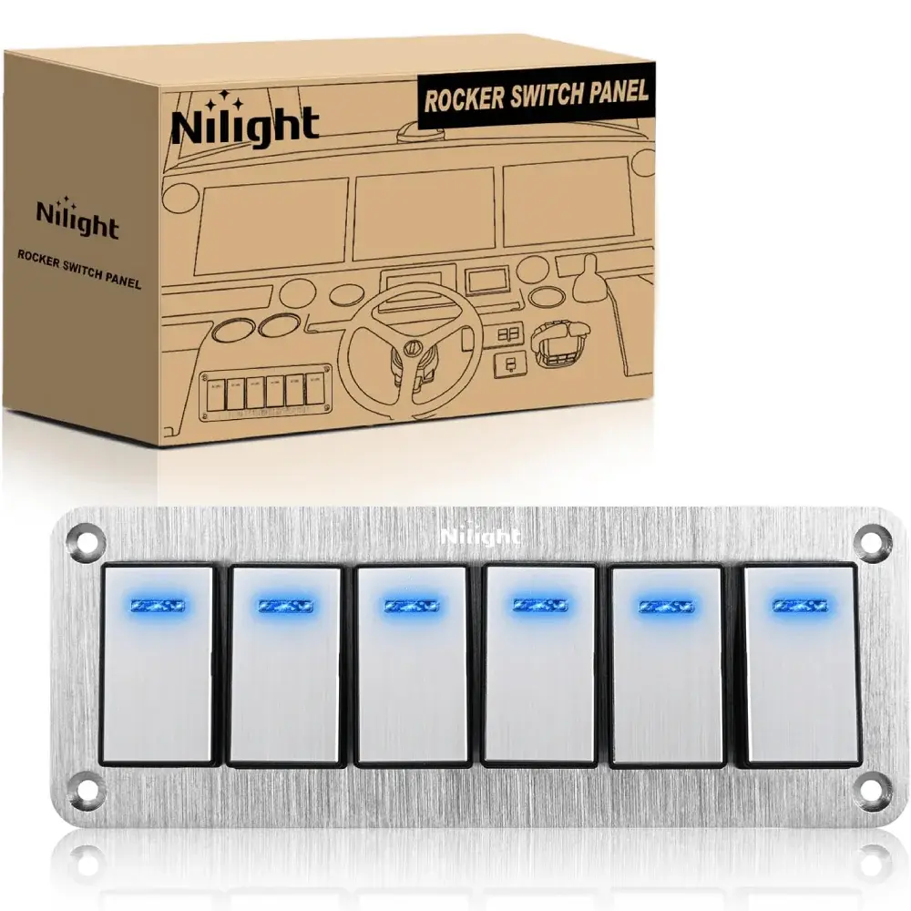 Nilight 6-Gang Pre-Wired Rocker Switch Panel - 3-Pin SPST Toggle with Blue LED Lights, Waterproof Aluminum Switchboard, 12V/24V for Cars, Marine Boats, DIY Stickers Included
