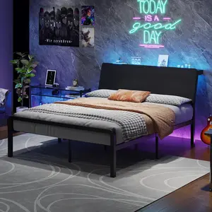 HOMBCK Bed Frame with Ergonomic Storage Headboard, Platform Metal Bed with LED Lights, Heavy Duty Metal Slats, No Box Spring Needed, Easy Assembly
