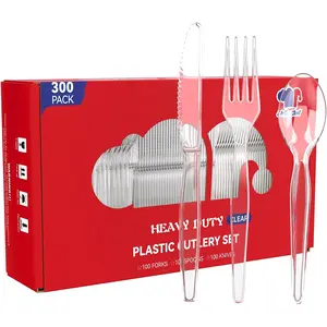 300 Count Clear Silverware, 100, 100, 100, Duty Disposable Cutlery Set, Plasticware Bulk, Clear Utensils for, Christmas
