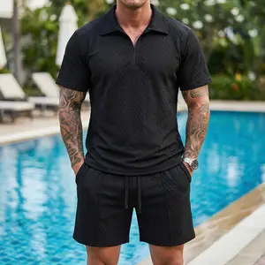 Men’s Summer Textured Polo-Collar Short-Sleeve T‑Shirt and Shorts Set