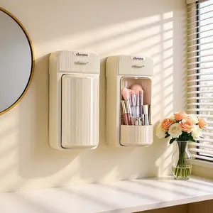 360° Rotating No-Drill Makeup Organizer, Adhesive Wall-Mounted & Portable Vanity Storage with 4 Drawers & Multi Compartments, Large Capacity for Lipsticks Brushes Jewelry, Clutter-Free Space-Saving Organizer for Bathroom & Dresser