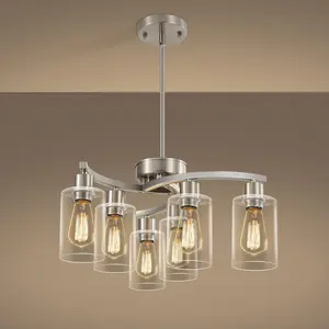 6 Light Farmhouse Brushed Nickel Chandelier,21.7" Modern Chandeliers for Dining Room Light Fixtures Over Table,Pendant Lights Kitchen Island,Metal Bracket with Downward Clear Glass Shade