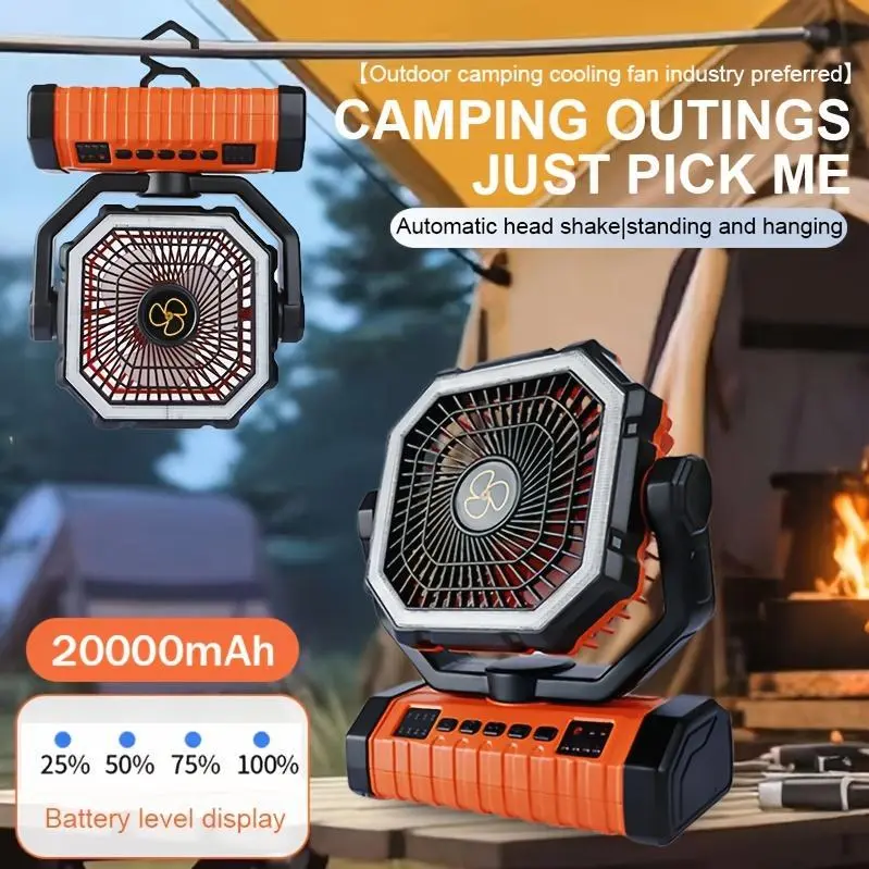 20000mAh Outdoor Camping Fan Camping Fan Light USB Rechargeable Small Camping Tent Fan Cooling Tool And Portable Shake Head Remote Control Emergency Lighting Long Endurance Emergency Power Supply Essential for Outdoor Camping, Fishing, And Hiking