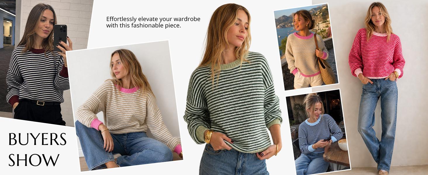 Cicy Bell Womens Striped Sweater Casual Loose Fit Color Block Knit Pullover Sweaters Crewneck Long Sleeve Tops