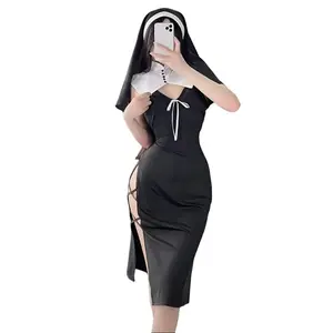 AgeRose Women's Satin Nun Costume Lingerie Set V-Neck Lace Trim Slit Dress with Headpiece for Role Play Valentine's Day Gift Sexy Nun Cosplay Outfit Sleeveless Satin Midi Dress with Hood and Lace Detailing Adjustable