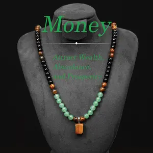 Veliora V Money Attraction Necklace With GreenAventurine & Tiger Eye Pendant Healing Crystal Stone ，Anniversary, Vacation &Theme Parties Jewelry Charms Abundance Crystal bracelet，Long Chain，Sweater chain，Ideal Gift Jewelry for Men and Women