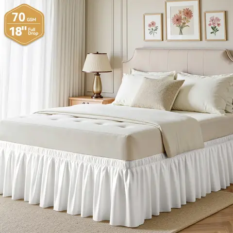 White Bed Skirt Dust Ruffle - Bedding Supplies, Fits King & CK Sizes, 18" Drop, Adjustable Elastic Belt, Easy Install & Clean, 100% Polyester, Conceals Frames/Platforms, Mattress Foundation Cover, Underneath Storage, Wrinkle Resistant, Breathable, Cooling