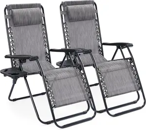 Zero Gravity Chairs, Set of 2 Portable Recliner Beach Camping Patio Outdoor Folding Lounge Chair with Cup Holder Trays and Adjustable Pillow for Poolside, Garden, Backyard, Lawn (Grey)