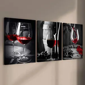 3-Piece Wood Frame Canvas Art Poster Set, Romantic Wine Glass Design, Modern Home Decor, Wooden Wall Art for Hallway & Living Room, High-Definition Print