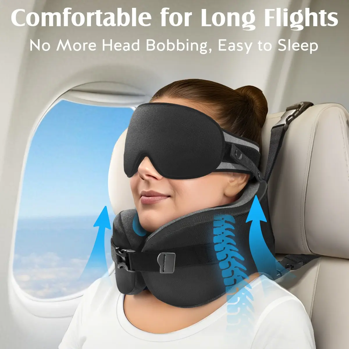 YFONG Travel Pillow for Long Flight Airplane, Head Strap Combo with 3D Contoured Sleep Eye Mask, Neck Pillow for Travel Essential, 360° Support Memory Foam Headrest, Prevent Bobbing, Drawstrap - Black