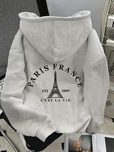Women's Eiffel Tower & Letter Graphic Hoodies, Stylish Trendy Fleece-lined Sweatshirts, Perfect Choice for Casual Outings & Daily Wear, Travel, Street Style, Fashion & Campus