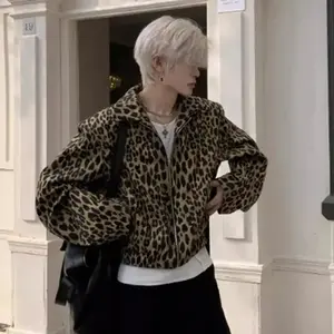 LeopardPrintMen'sDenimJacketAmericanStyleNewNicheTurn-DownCollarDesignShortLooseZipperCoatTrend21E7168