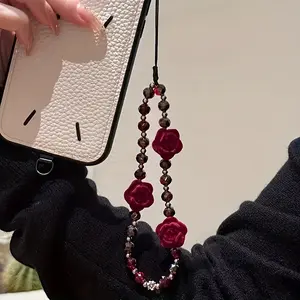 1pc Gothic Red Velvet Rose Bead Phone Pendant - Stylish Acrylic Keychain and Bag Hanging Ornament with Intricate Floral Design, Perfect for Phones and Accessories, Keychain Phone Pendant