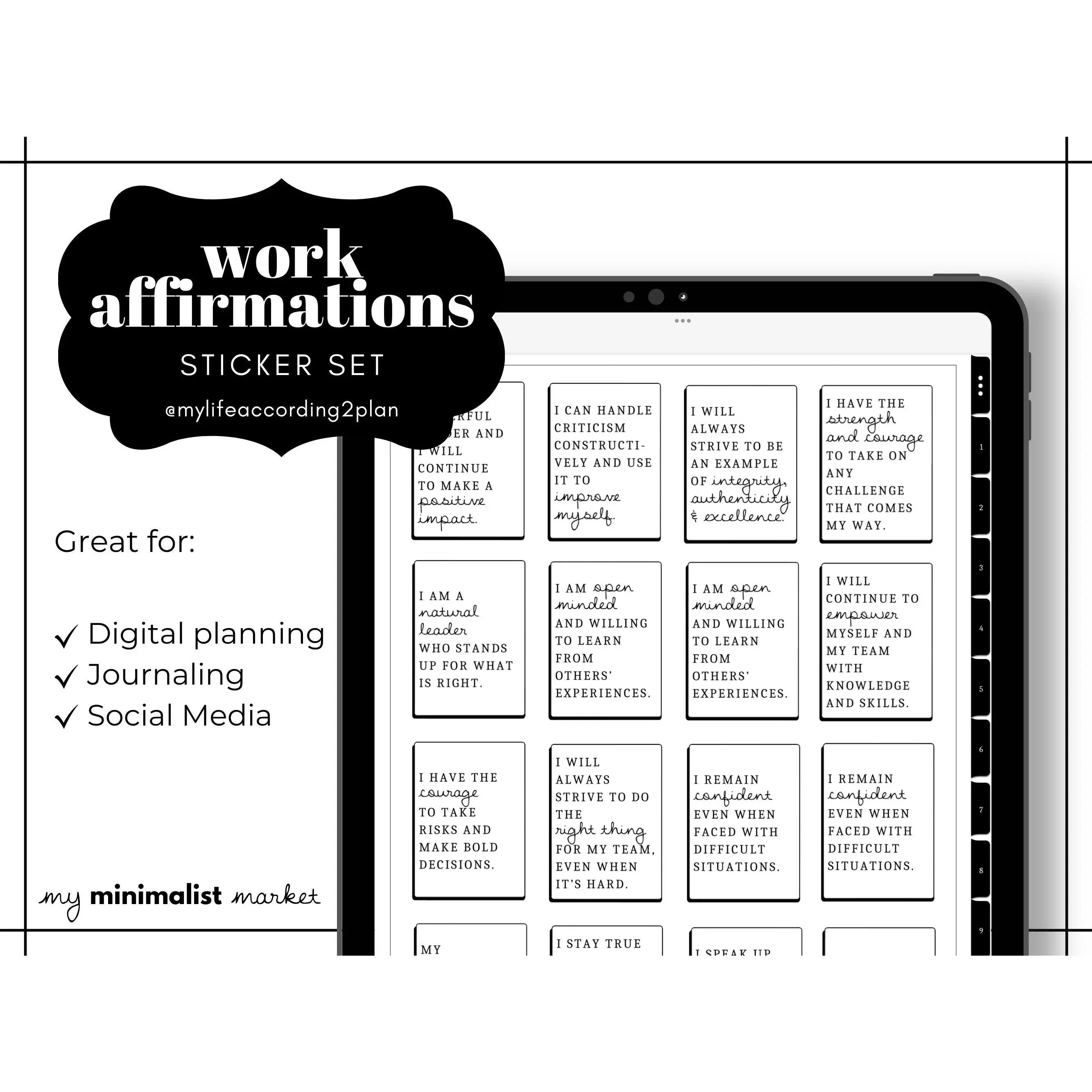 Minimalist Everyday Work Affirmation Stickers, Planning and Bujo Sticker Set, Digital Planner Stickers, GoodNotes 5 Elements, Precropped