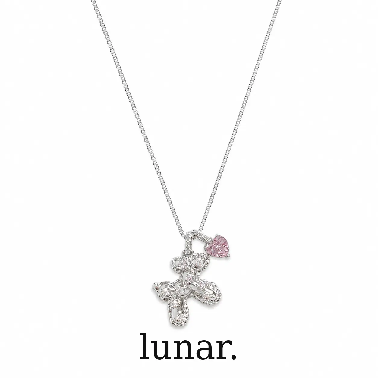 Lunar Silver Tone CZ Puppy Necklace for Women, Stainless Steel Chain with Dog Pendant and Pink Heart Charm, 18-20 Inch Cute Jewelry