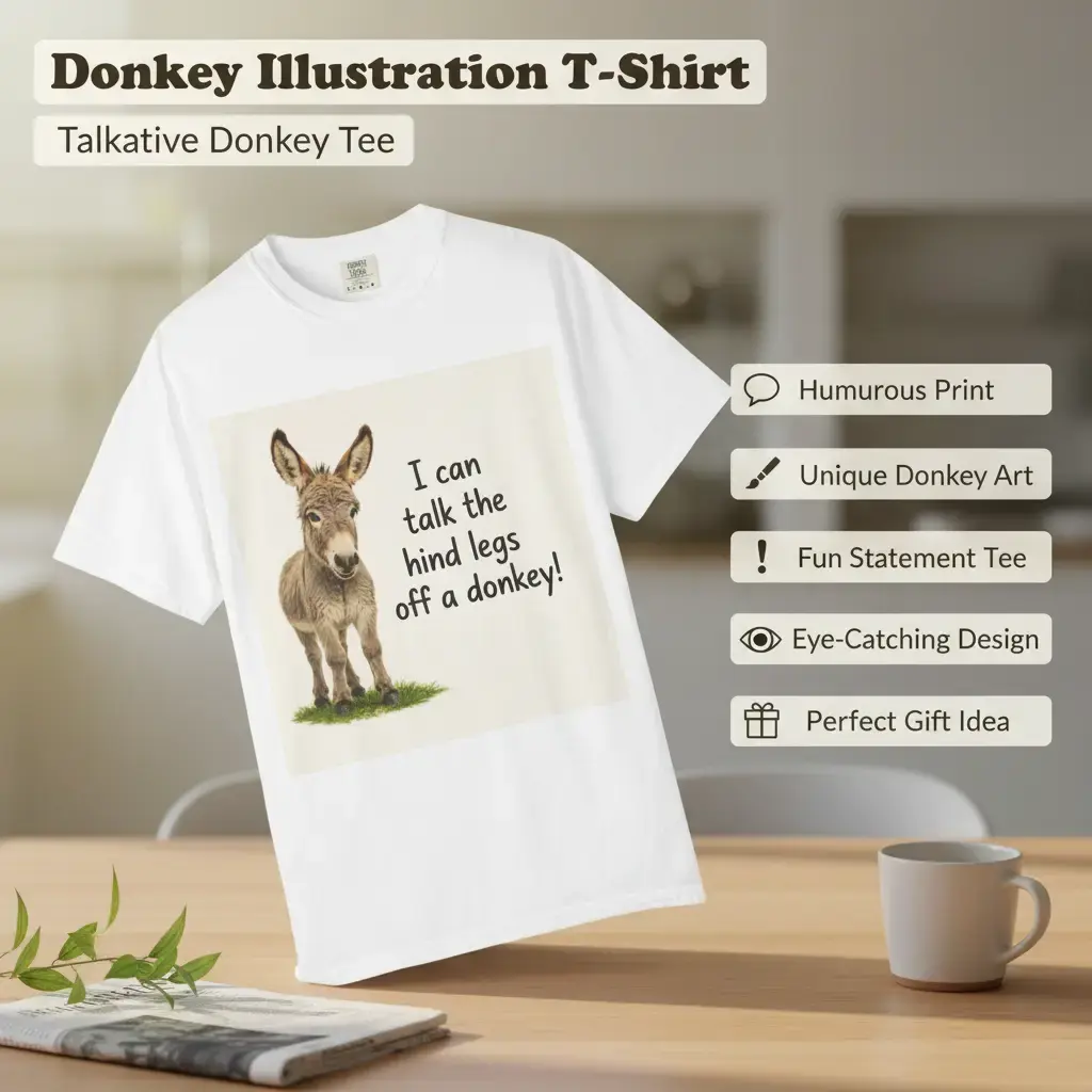 Men's "I Can Talk the Hind Legs Off a Donkey" T-Shirt - Donkey Illustration, Relaxed Fit, S/M/3XL Sizes, Low Iron Care, Tshirt, Crew Neck, Streetwear, Short Sleeve, Garment-Dyed