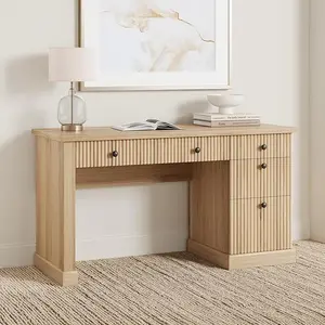 Fluted Home Office Desk Storage, 54" Modern Executive Desk with Charging Station, Wooden Computer Writing Desk with File Drawers for Study Room