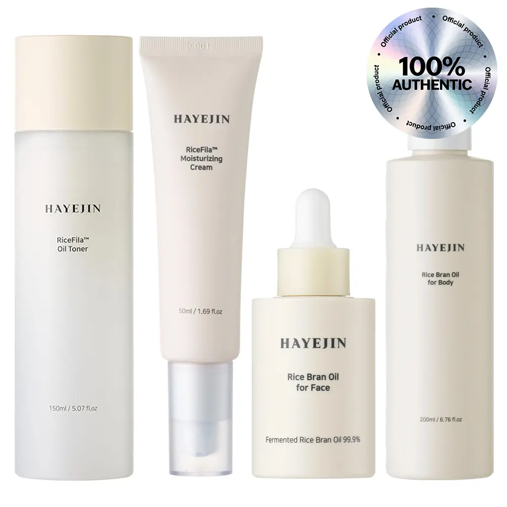 HAYEJIN RiceFila Oil Toner (5.28 oz), HAYEJIN RiceFila Moisturizing Cream (1.69 fl oz), HAYEJIN Rice Bran Face Oil (1.01 fl oz) and HAYEJIN Rice Bran Body Oil (6.76 fl oz)
