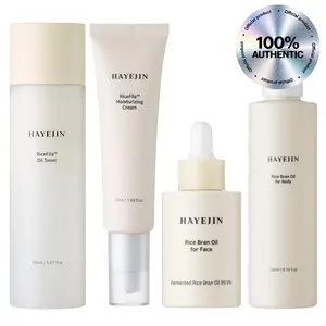 HAYEJIN RiceFila Oil Toner (5.28 oz), HAYEJIN RiceFila Moisturizing Cream (1.69 fl oz), HAYEJIN Rice Bran Face Oil (1.01 fl oz) and HAYEJIN Rice Bran Body Oil (6.76 fl oz)