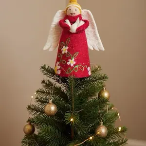 Handmade Felt Angel Christmas Tree Topper Embroidered Holiday Decor with White Wings and Red Dress Accessory Ornaments Decoration