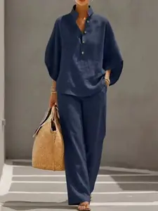Women's Casual Shirt Set, Perfect for Outing Adventures, Comfortable Loose Fit, Plain Design, All-Season Wear, Stylish and Practical, Blouse