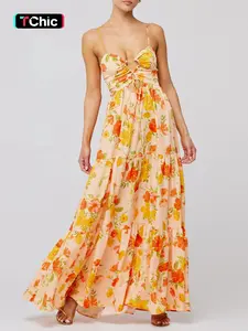 Women's Full Print Tie-Back Dress, Large Skirt Backless Floral Dress, Elegant Summer Fashion, Perfect for Parties and Events