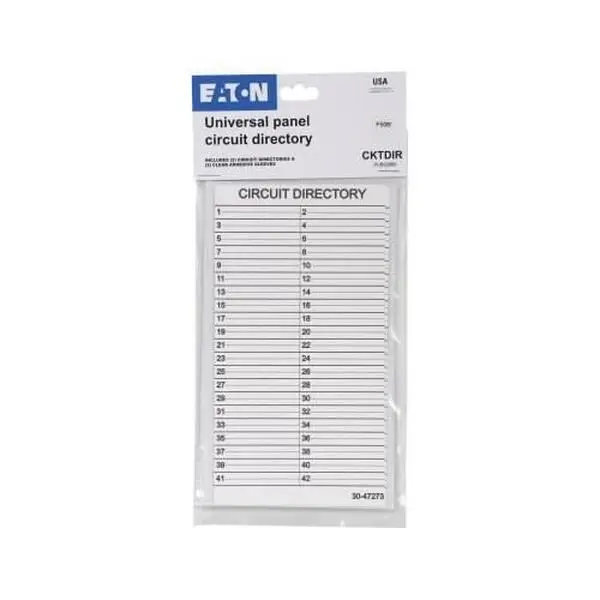 Eaton Universal Type 42-Circuit Panel Directory - 2 Directory Cards, 2 Plastic Sleeves, 0.05 x 5 x 10.5 in Plastic, CSA Listed, Adhesive Backing, Hardware Included