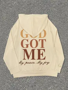 Women's "GOD GOT ME" Letter Print Drawstring Pocket Hoodie, Graphic Hoodie, Casual Long Sleeve Hooded Sweatshirt for Daily Wear, Women's Top for All Seasons