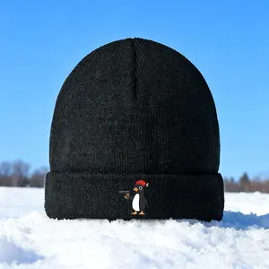 Cute Penguin with Santa Hat and Toy Gun Knitted Beanie Hat Winter Cap for Outdoor Activities Cold Weather Warmth Unisex Adults Teens Stylish Christmas Holiday Gift Idea for Family Friends Lovers Seasonal Festive Wear