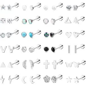 Sanfenly 24 Pairs Surgical Steel Flat Back Screw Back Earrings, Butterfly Pearl CZ Moon Star Cartilage Tragus Studs for Women Men