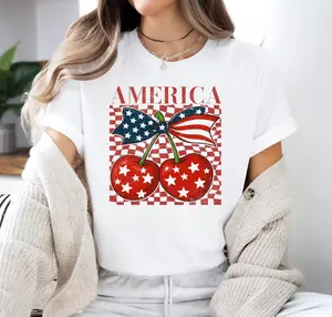 Coquette Bow USA Flag Shirt, Cute Cherry America T-Shirt, Preppy 4th Of July Tee, Patriotic Independence Day Top, Retro Red White Blue Female Graphic TShirt