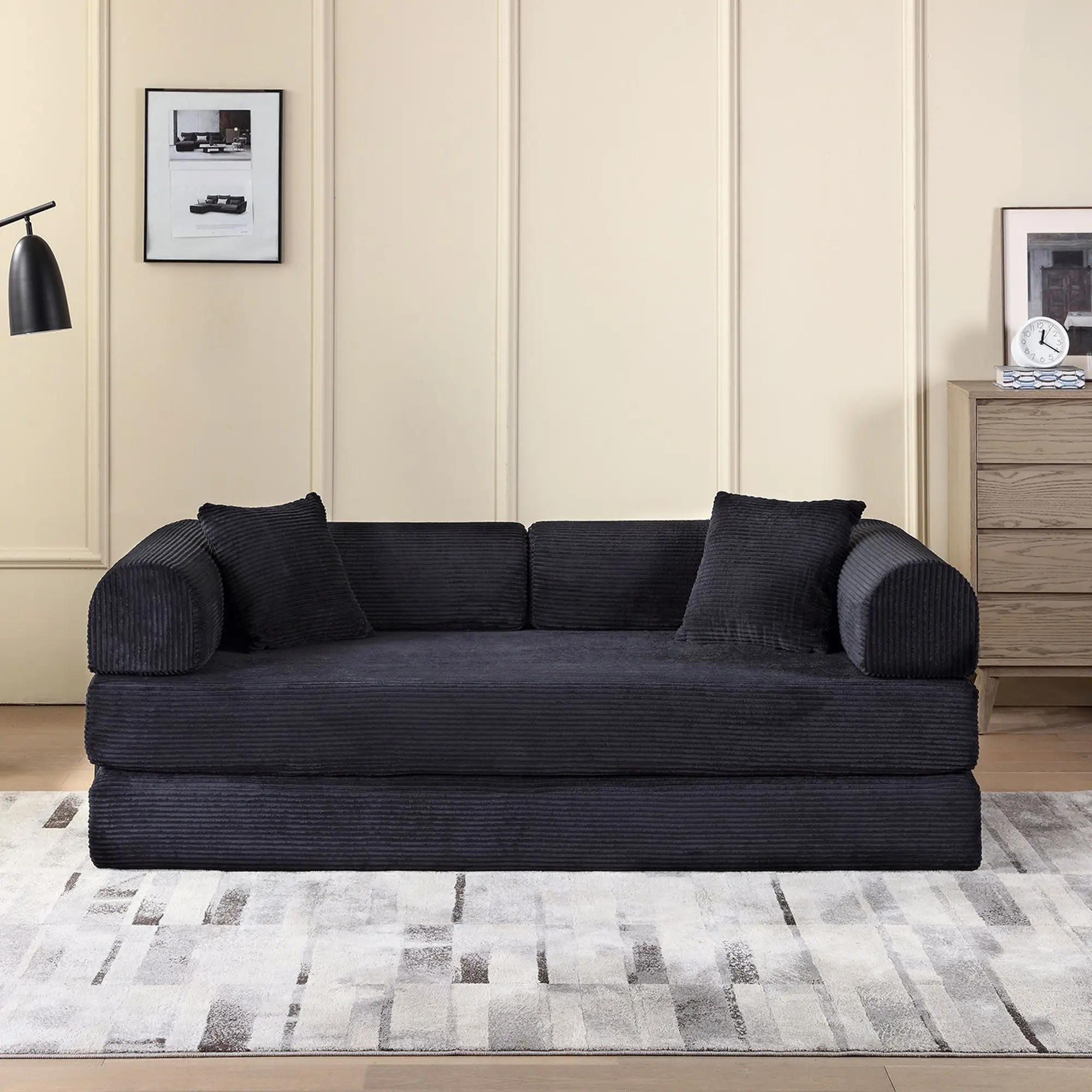 Compression Sofa,Convertible Floor Sofa Bed-with Pillow Back Support Armrest,Comfy Futon Couch Sleeper Bed,Loveseats Boneless Modular Sectional Sofa,Corduroy fabric,for Living Room,Bedroom,Black