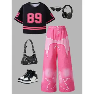 Girls Casual Clothes "89" Varsity Short Sleeve Top & Star Wide Leg Jeans Set 2Pcs Outfits For Streetwear L3059