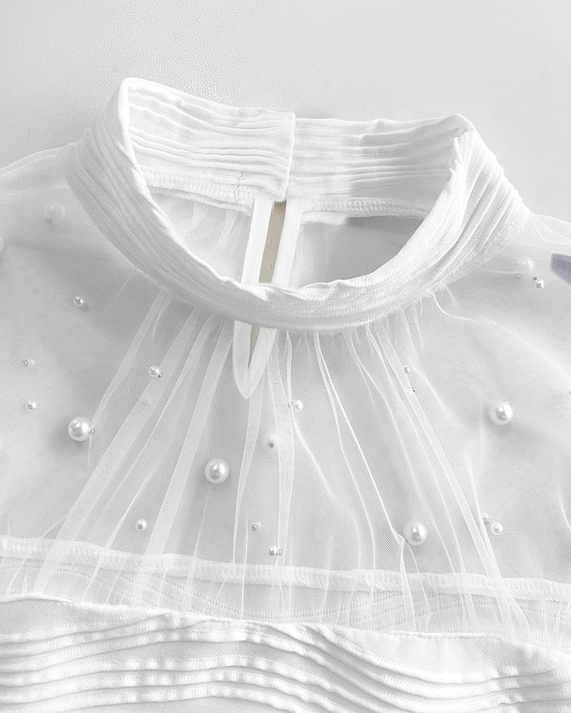 ChicMe Pearls Decor High Neck Sheer Mesh Spliced Ruched Tee Hollow-out Back Slim Fit Textured Top