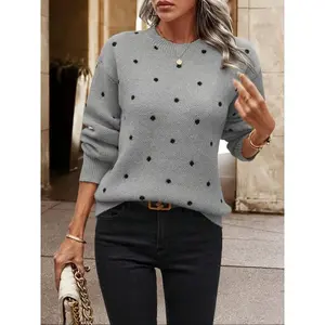 Women's Polka Dot Print Crew Neck Sweater, Casual Long Sleeve Jumper for Daily Wear, Ladies Knitwear for Fall & Winter, Womenswear