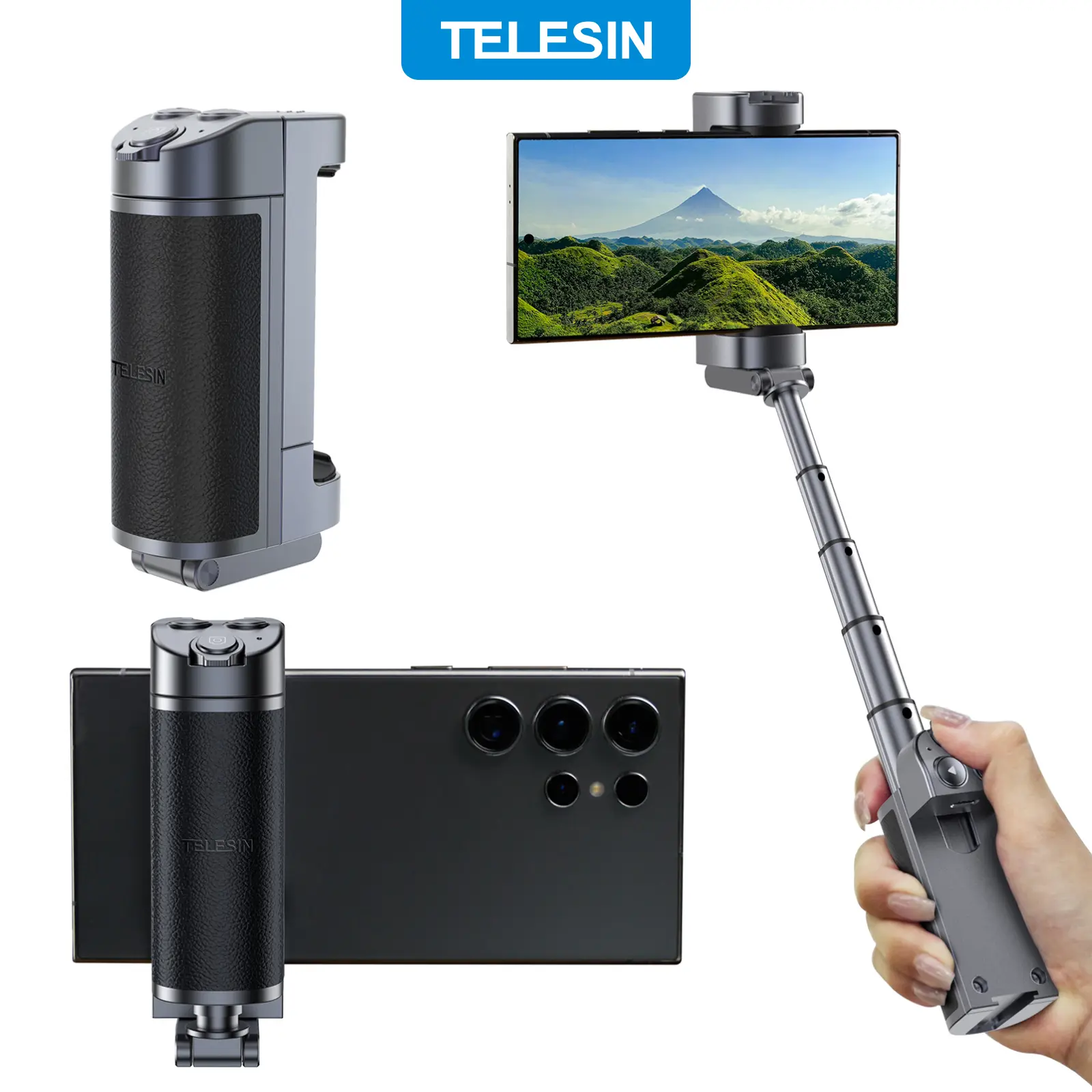 TELESIN Universal Smartphone Camera Grip with Selfie Stick, Wireless Bluetooth Remote Control One-Handed Quick Zoom and Mode Switching Compatible with iPhone Samsung Android Phone Accessories