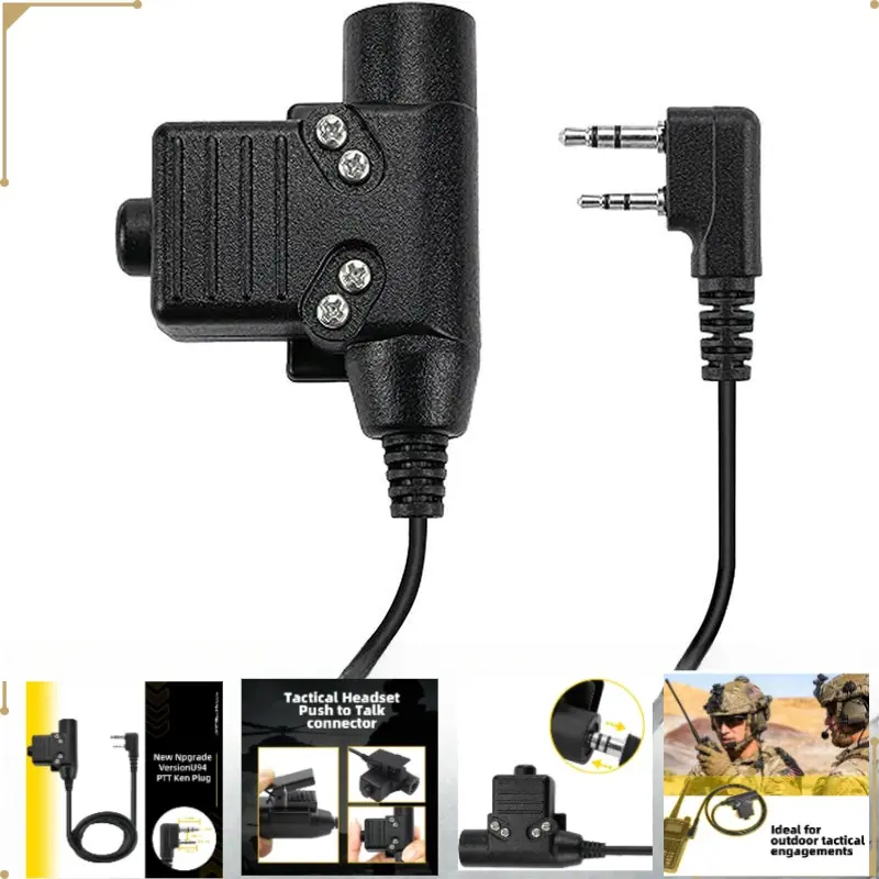 U94 PTT Adapter Cable with 2-Pin K-Type Tactical Radio Button, Compatible with Baofeng UV-5R BF-888S Kenwood Walkie Talkies, Military Headset Metal Plug for Airsoft Paintball Black Audio Clip