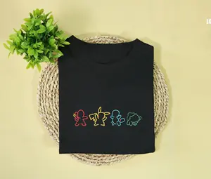 Geometry Pikachu Cute Embroidery Unisex T-Shirt Outline Style Charmander Squirtle Bulbasaur Shirt Retro Anime Shirt TS030