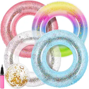 6 Packs Pool Floats Inflatable Pool Floats Colorful Sparkling Glitter Swim Rings with Sequined Beach Ball and Pump for Beach, Party Supplies