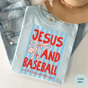 Jesus and Baseball Christian Comfort Colors T-Shirt, Trendy Faith Graphic T-Shirt, Sports Lover Religious Apparel, Game Day Christian Outfit