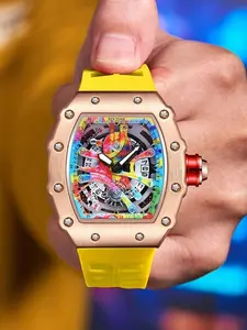 Cross-border foreign trade wholesale men's watch, Casual Trendy Wristwatch, barrel-shaped mechanical style with graffiti hollow-out, quartz watch, high-end sporty waterproof watch