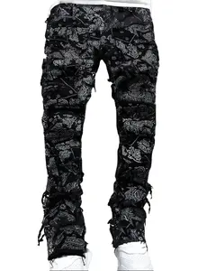 Jeans for Men Streetwear Black Cashew Floral Ripped Distressed Paisley Bandana Tassel Stackable Trousers Pants Outfit