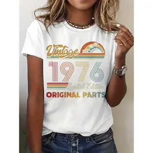 Vintage 1976 Original Birthday Graphic Print T-shirt, Short Sleeve Crew Neck Casual Top for Summer & Spring, Women's Clothing